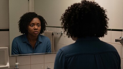 A shocked woman sees a fearful reflection of herself in a bathroom mirror. Horror and suspense concept with a theme of anxiety and mental health