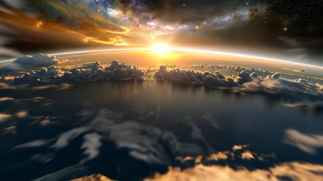 Horizon cosmic panorama. Vast nebula swirls above oceanic planet, bathed in golden dawn light, displaying atmospheric wonder and celestial formation.