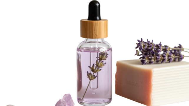 Aromatic lavender essential oil bottle with soap and amethyst crystals for spa day indulgence and natural skincare, promoting wellness and serenity