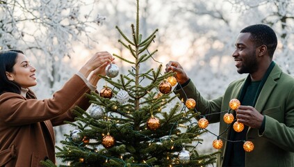 Happy interracial couple decorating a Christmas tree outdoors. Young man and woman celebrating the holidays together in a snowy winter park. Festive season and romance concept