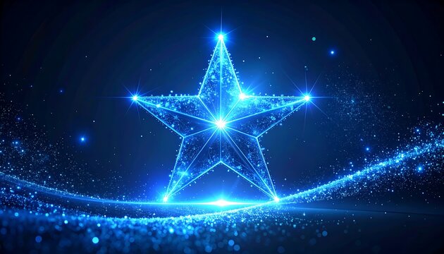 Illuminated, five-pointed star shines brightly on a swirling bed of light blue particles against a dark blue background