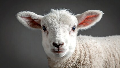 A close-up studio portrait of a curious, fluffy lamb