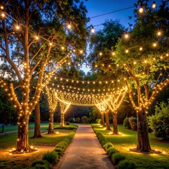 Evening garden path framed by trees and strung with warm fairy lights