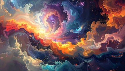 Colorful swirling abstract cloudscape with fiery hues and nebula-like patterns. Ethereal, dreamlike, vibrant, and dynamic