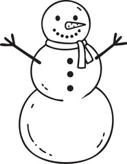 Snowman Outline Illustration, Simple Black and White Drawing of Classic Winter Figure, Basic Graphic Element for Holiday Designs and Crafts
