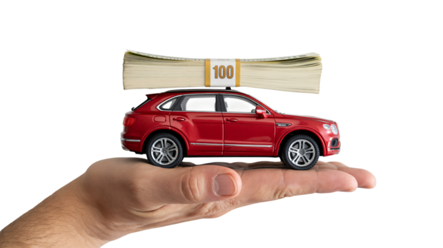 A hand holds a toy car topped with a stack of cash, symbolizing wealth, luxury car ownership, and financial success, perfect for insurance and loan visuals