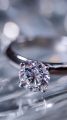 Close-Up of a Stunning Brilliant Cut Diamond Ring Featuring a Sleek Metallic Band, Perfectly Captured with an Artistic Focus on its Radiant Sparkle and Clarity