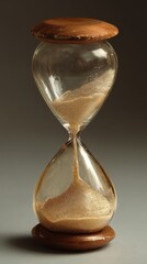 Elegant hourglass with shimmering sand positioned at the bottom left, showcasing the graceful flow of time captured in a minimalist design against a neutral background.