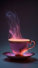 Elegant teacup and saucer with glowing steam, set against a dark background, creating a captivating and ethereal atmosphere perfect for cozy settings.