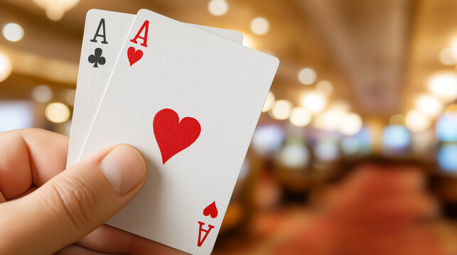 Playing cards ace of hearts and ace of clubs on a casino background, symbol of luck and risk