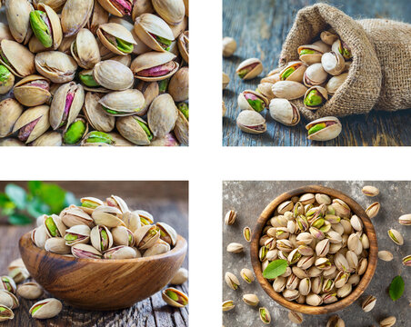 Collage mit Pistazien und N&uuml;ssen &ndash; gesunde Snacks, freigestellt, Naturprodukt