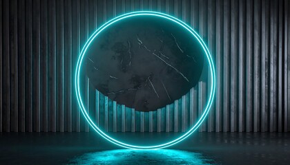 Dark textured disc floats within a bright blue neon ring, set against a vertically ribbed dark background