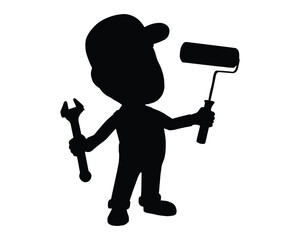 Silhouette of cartoon worker holding wrench and paint roller, wearing cap and overalls, ideal for repair, painting, or handyman service themes. © AhmadReshad