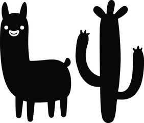 Cute Cactus And Llama Duo Smiling In Playful Scene  Vector silhouette