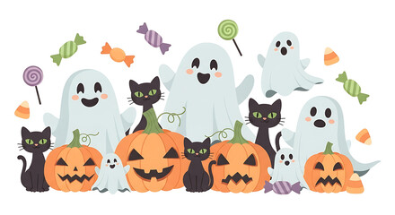 Whimsical Halloween Scene with Ghosts, Cats, and Pumpkins