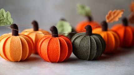 Autumn harvest of handcrafted felt pumpkins in warm orange and muted green tones, artfully arranged to showcase seasonal crafting creativity and textural depth