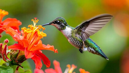 Fototapeta premium A hummingbird approaches a cluster of bright orange flowers with a soft-focus, colorful background
