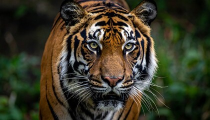 Obraz premium A majestic tiger stares intensely at the viewer, its striking orange and black stripes clearly visible