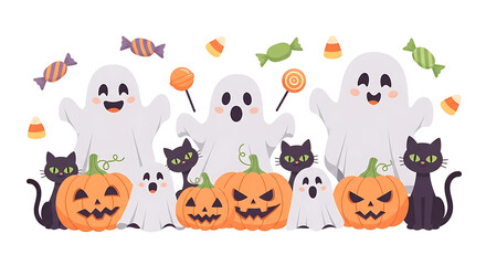 Naklejka premium A delightful Halloween scene with cheerful ghosts, grinning pumpkins, and playful black cats, surrounded by colorful candy for spooky fun