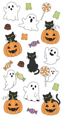 Naklejka premium Whimsical Halloween Icons Ghosts, Cats, Pumpkins & Sweets for Spooky Season