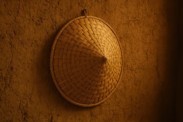 Woven asian hat artfully placed against a textured wall offering cultural ambiance