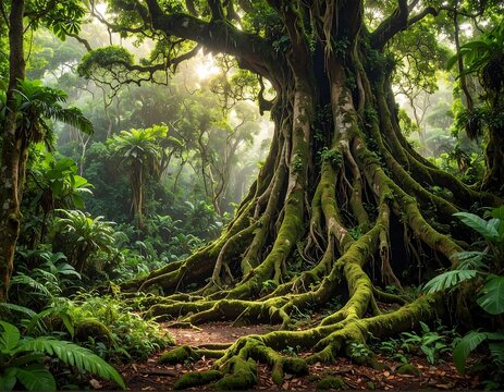 Lush rainforest scene featuring a large tree with exposed roots covered in moss and ferns. - Powered by Adobe