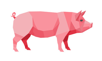 Pink geometric pig standing, origami style illustration