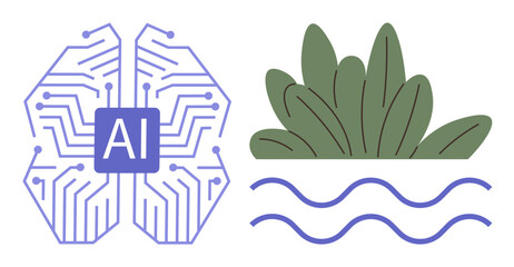 Fototapeta premium AI brain with circuit patterns beside green plants and water waves. Ideal for AI, innovation, sustainability, environment, technology, ecology, green tech, simple flat metaphor