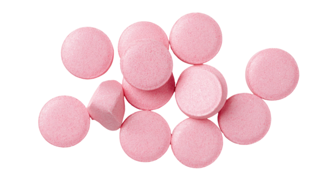 A cluster of round, light pink tablets