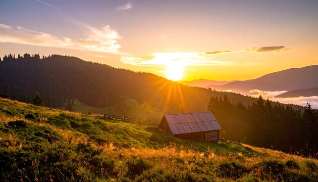 A small wooden cabin nestled in a green meadow during golden hour, mountain range with trees in the background - Powered by Adobe