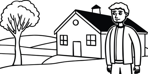 Young man standing outside a simple house with a tree and rolling hills isolated on transparent background