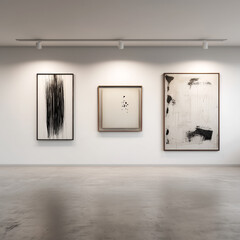 Minimal contemporary art gallery with three large abstract black and white paintings on clean walls, ideal for design, architecture, and exhibition visuals