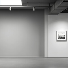 Contemporary art gallery interior with gray walls, concrete floor, and one framed photo. Perfect for mockups, exhibitions, and minimal interior design concepts