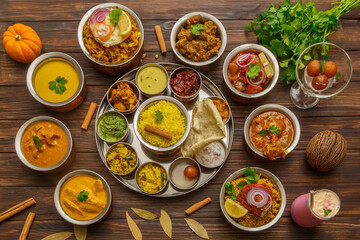 Assortiment de plats sri-lankais – vue de dessus à 90°, cuisine traditionnelle colorée et épicée du Sri Lanka
