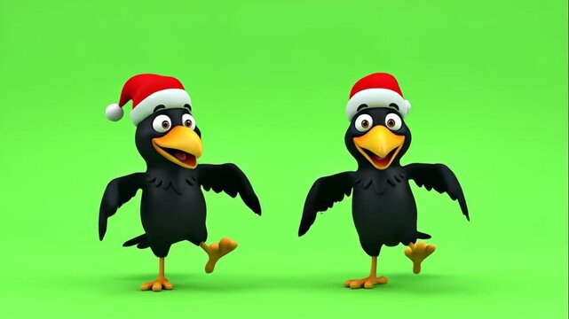 Festive Cartoon Crows with Santa Hats - Two cartoon crows with black feathers, yellow beaks and legs, are wearing red and white Santa hats, standing on a green background.