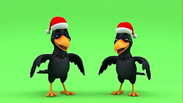 Two Cartoon Crows Wearing Santa Hats - This video features two animated black crows standing side-by-side on a green background.