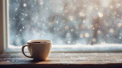 cozy winter coffee cup by frosted window with snow falling outside creating peaceful morning