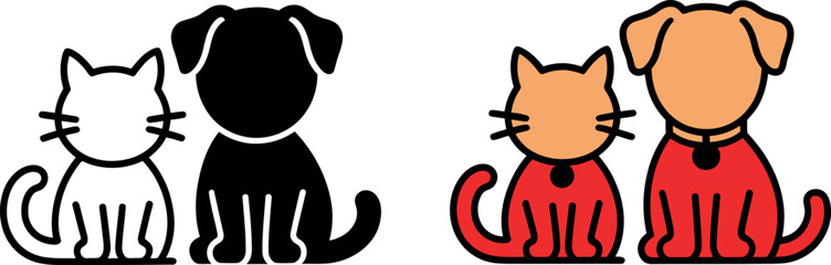 Adorable cat and dog icons in color and black and white for graphic design projects