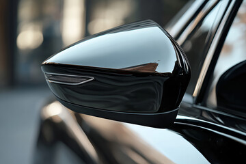 Shiny black car side mirror with metallic texture and smooth reflection