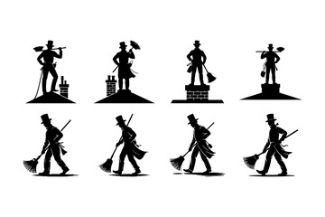 Silhouetted chimney sweeps are standing on rooftops and walking with brooms, transparent background