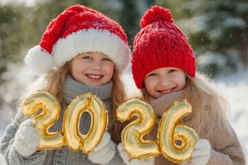 Two happy children wearing Santa hats outdoors, holding gold balloons 2026, winter background with snow, joyful smiles, Christmas and New Year mood