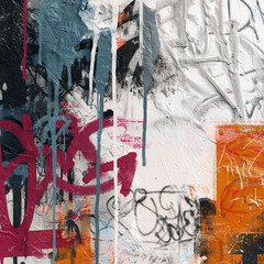 Abstract wall composition with dripping paint in gray, white, red, and orange tones, combining graffiti elements and expressive textures