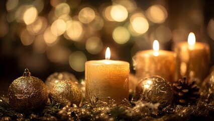 glowing golden candles and christmas ornaments creating peaceful warm holiday evening atmosphere
