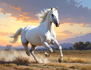 Majestic white horse galloping across a sunlit field, showcasing its power and grace.