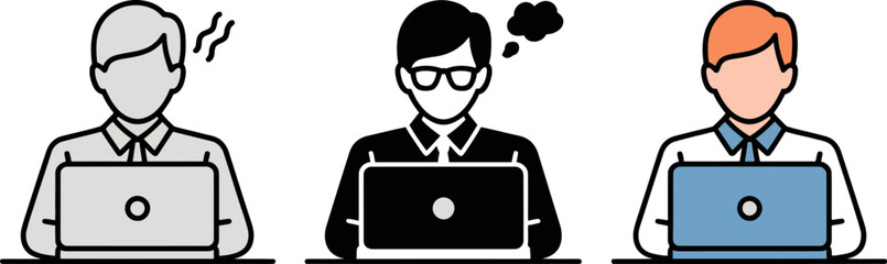 Icons of professionals working on laptops with diverse emotions and personal styles