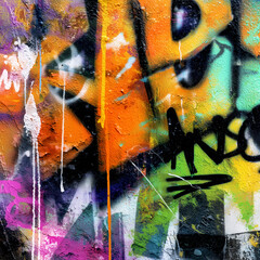 Vibrant close-up of graffiti wall with orange, green, pink, and black spray paint layers, perfect for street art, background, or urban texture design