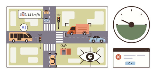 Vehicles at an intersection managed by AI-driven systems, speed monitoring, and CCTV surveillance. Dashboard with gauges and alerts. Ideal for safety, urban planning, innovation, analytics, smart