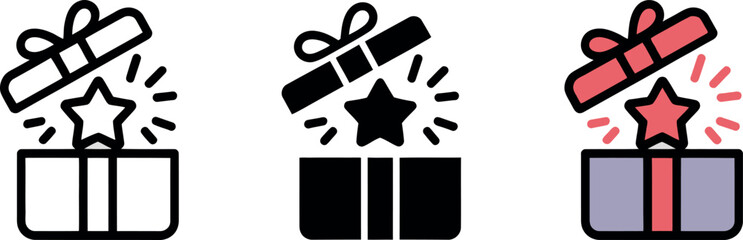 Open Gift Box Icon with Star Symbol and Glowing Rays for Celebration and Surprise