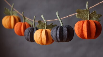 Autumn harvest decorative pumpkins hanging on rustic twine, showcasing vibrant orange and moody charcoal gray color palette with delicate green leaves