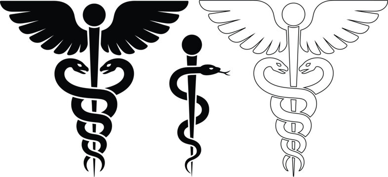 Three caduceus symbols medical health care emblem snake staff wings icon representations